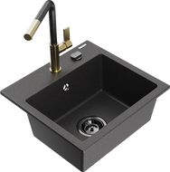 Mexen Milo granitový drez 1-komorový s kuchynskou batériou Flora, čierny bodkovaný - 6505-76-670401-75-B