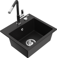Mexen Milo granitový drez 1-komorový s kuchynskou batériou Flora, čierny - 6505-77-670401-07