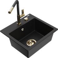 Mexen Milo žulový kuchynský drez s 1 komorou a kuchynskou batériou Flora, čierny - 6505-77-670401-57-G