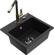 Mexen Milo granitový drez 1-komorový s kuchynskou batériou Flora, čierny - 6505-77-670401-57-B