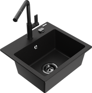 Mexen Milo jednokomorový žulový drez s kuchynskou batériou Flora, čierny - 6505-77-670401-70-B
