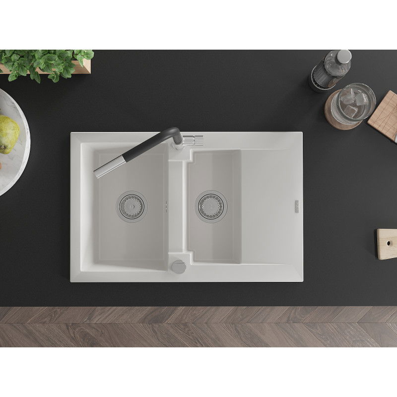 Mexen Gaspar žulový drez 1,5-komorový s odkvapkávačom a kuchynskou batériou Flora, biely - 6507-20-670401-07