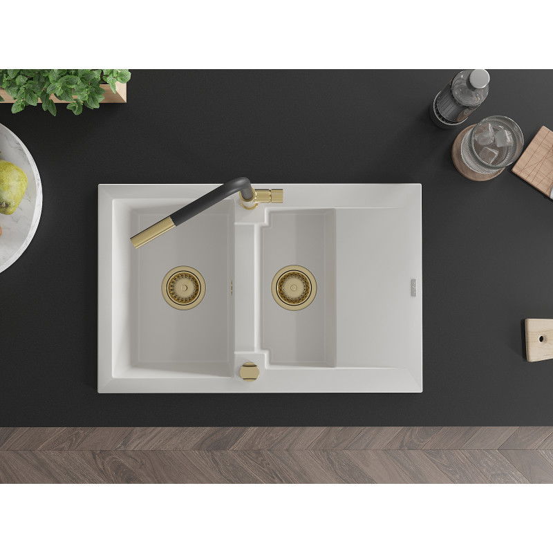 Mexen Gaspar granitový drez 1,5-komorový s odkvapkávačom a kuchynskou batériou Flora, biely - 6507-20-670401-57-G