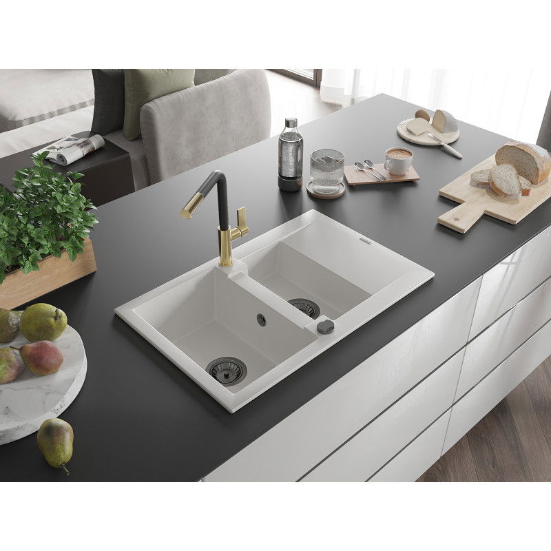 Mexen Gaspar žulový drez s 1,5 komorou a odkvapkávačom a kuchynskou batériou Flora, biely - 6507-20-670401-57-B