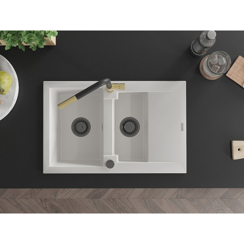 Mexen Gaspar žulový drez s 1,5 komorou a odkvapkávačom a kuchynskou batériou Flora, biely - 6507-20-670401-57-B