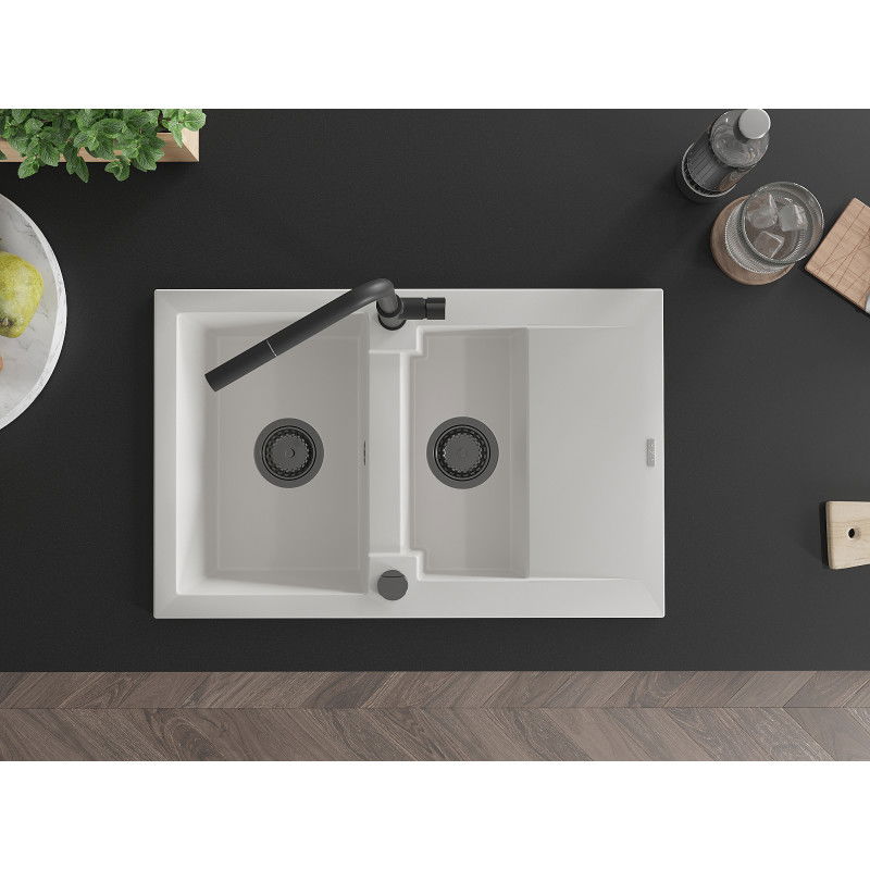 Mexen Gaspar granitový kuchynský drez 1,5-komorový s odkvapkávačom a kuchynskou batériou Flora, biely - 6507-20-670401-70-B