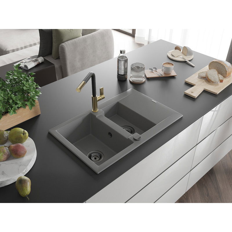 Mexen Gaspar žulový drez 1,5-komorový s odkvapkávačom a kuchynskou batériou Flora, sivý - 6507-71-670401-57-B