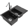 Mexen Gaspar žulový drez 1,5-komorový s odkvapkávačom a kuchynskou batériou Flora, čierna/strieborná - 6507-73-670401-00