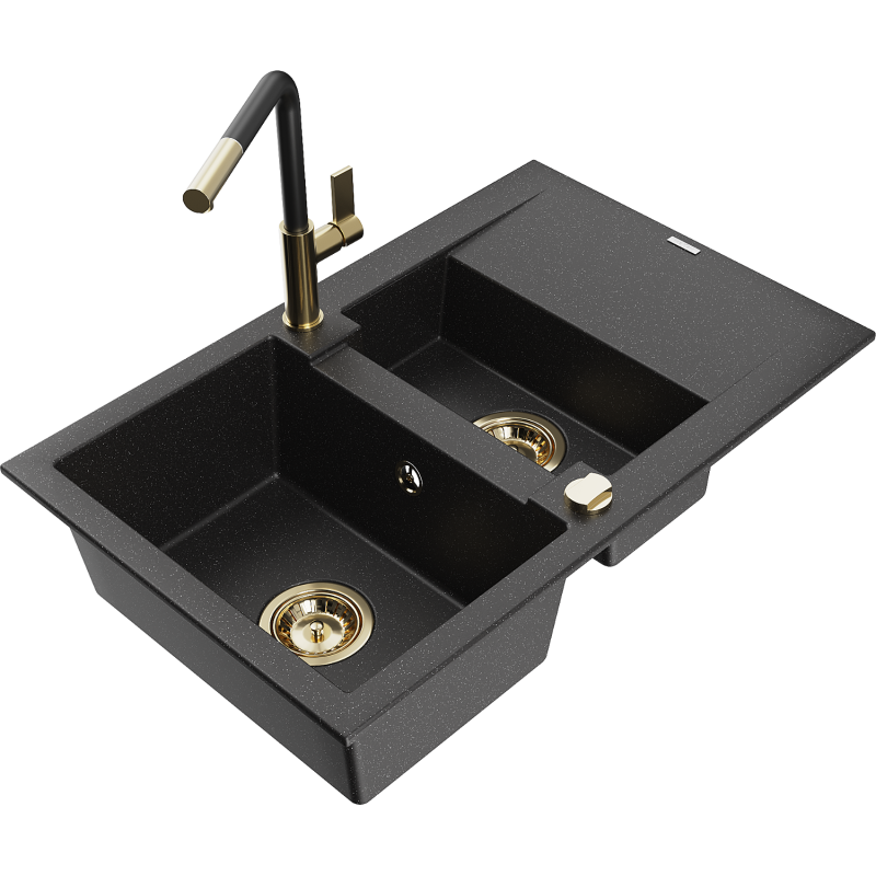 Mexen Gaspar žulový drevený drez s 1,5 komorami, s odkvapkávačom a kuchynskou batériou Flora, čierny/strieborný