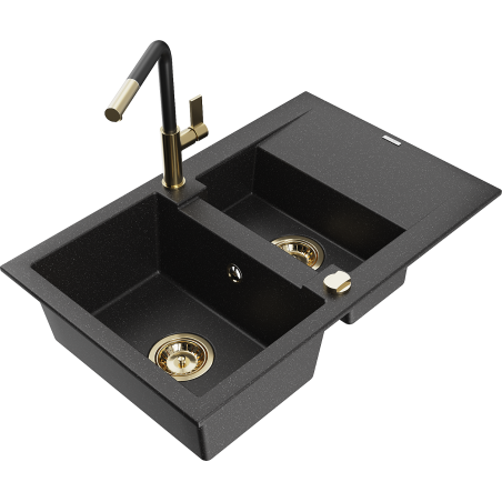 Mexen Gaspar žulový drevený drez s 1,5 komorami, s odkvapkávačom a kuchynskou batériou Flora, čierny/strieborný