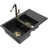 Mexen Gaspar žulový drevený drez s 1,5 komorami, s odkvapkávačom a kuchynskou batériou Flora, čierny/strieborný