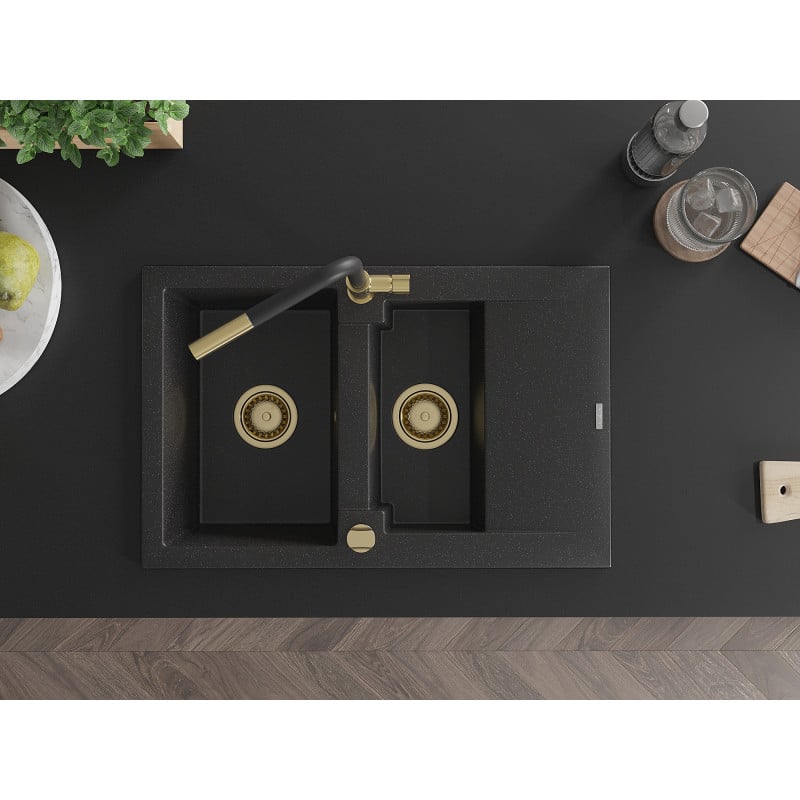 Mexen Gaspar žulový drevený drez s 1,5 komorami, s odkvapkávačom a kuchynskou batériou Flora, čierny/strieborný