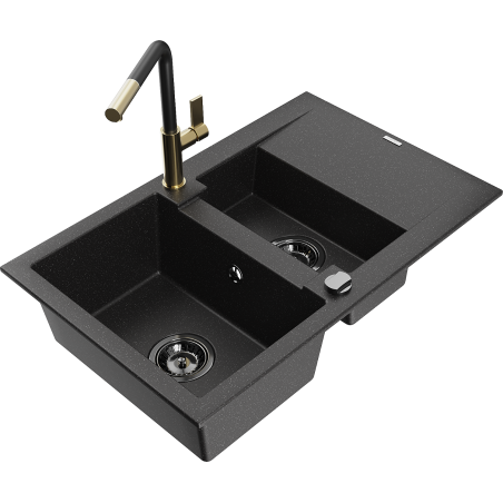 Mexen Gaspar granitový drez 1,5-komorový s odkvapkávacou plochou a kuchynskou batériou Flora, čierny/strieborný