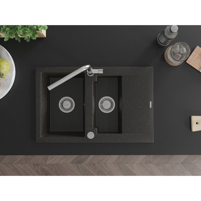 Mexen Gaspar granitový drez s 1,5 komorami s odkvapkávacou plochou a kuchynskou batériou Flora, čierny/zlatý metalik