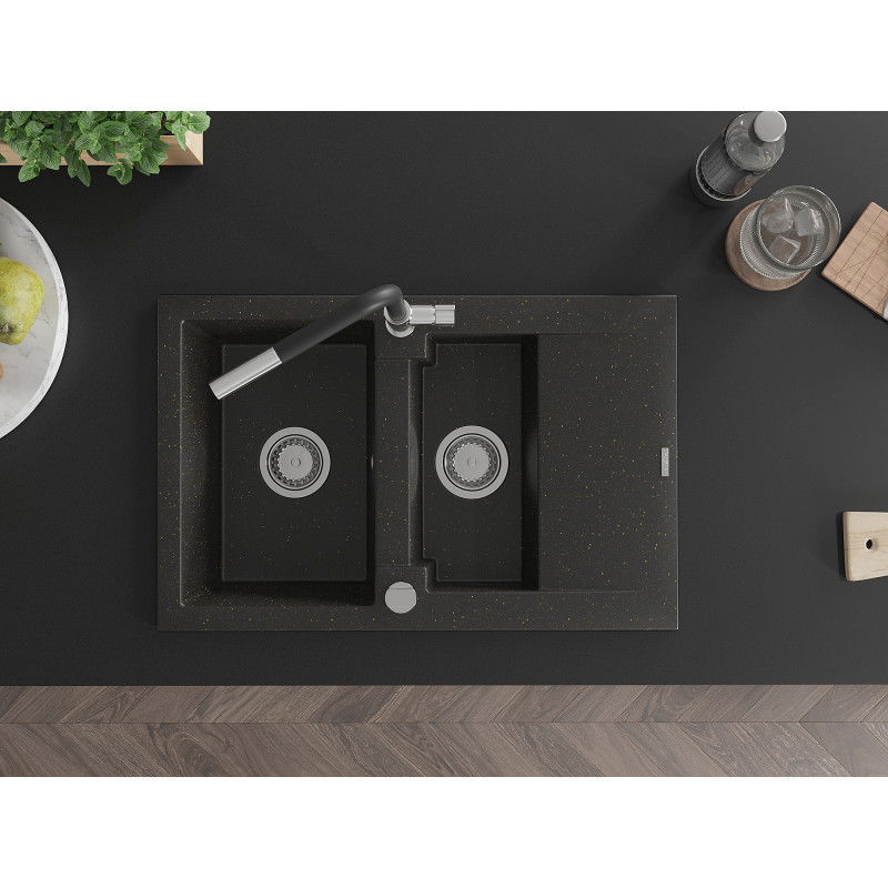 Mexen Gaspar žulový drez 1,5-komorový s odkvapkávačom a kuchynskou batériou Flora, čierny/zlatý metalický - 6507-75-670401-07