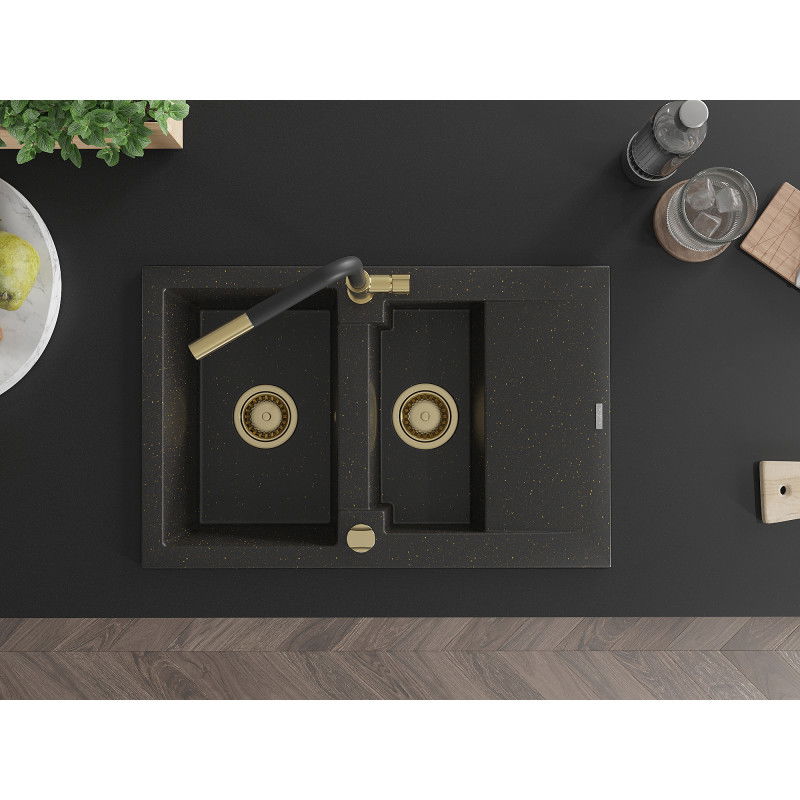 Mexen Gaspar žulový drez s 1,5 komorou s odkvapkávačom a kuchynskou batériou Flora, čierny/zlatý - 6507-75-670401-57-G