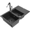 Mexen Gaspar žulový drez 1,5-komorový s odkvapkávačom a kuchynskou batériou Flora, čierny škvrnitý