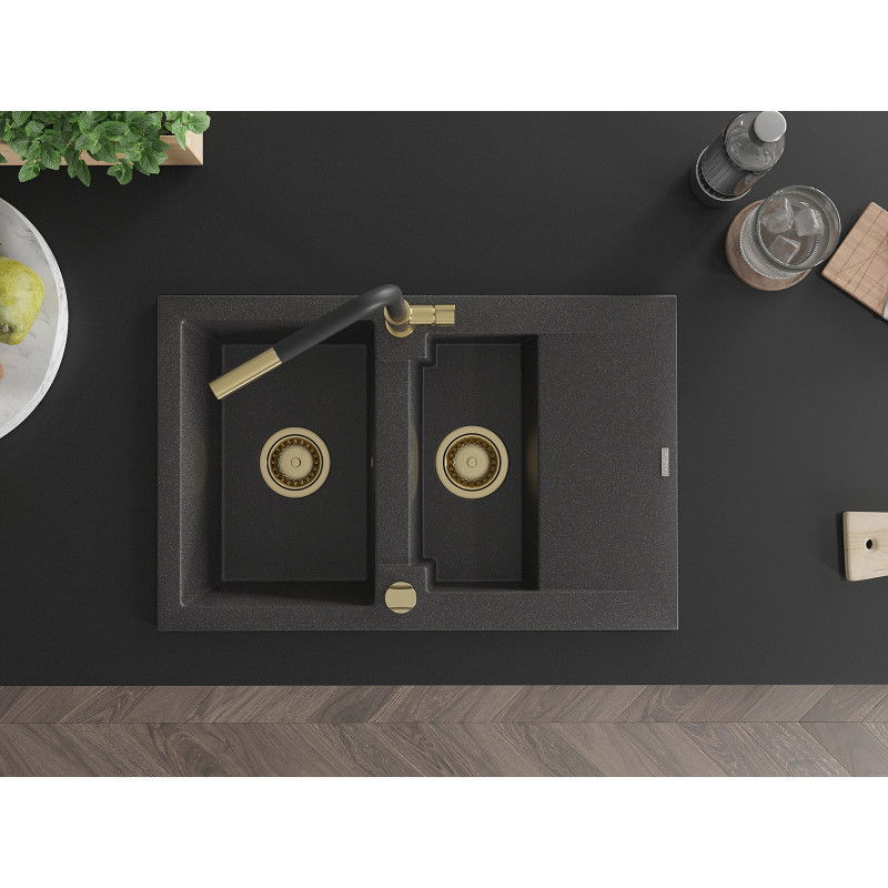 Mexen Gaspar granitový drez 1,5-komorový s odkvapkávačom a kuchynskou batériou Flora, čierny bodkovaný - 6507-76-670401-57-G