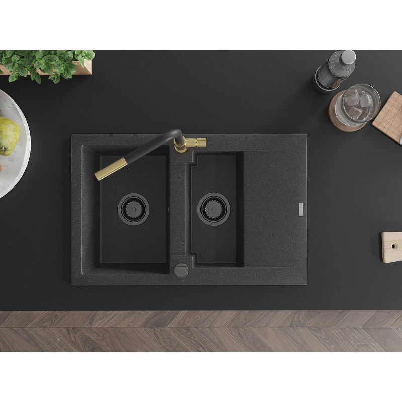 Mexen Gaspar granitový drez 1,5-komorový s odkvapkávačom a kuchynskou batériou Flora, čierno bodkovaný