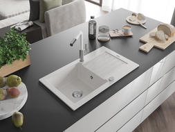 Mexen Pablo granitový kuchynský drez s 1 komorou, odkvapkávačom a kuchynskou batériou Flora, biela - 6510-20-670401-02