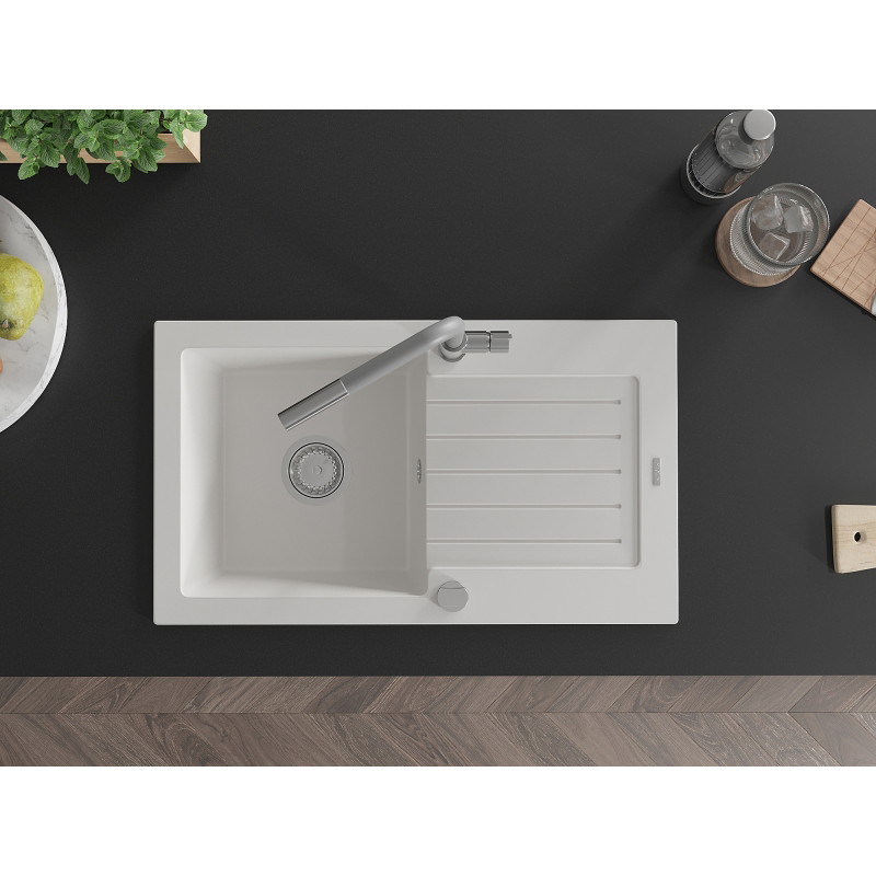 Mexen Pablo žulový kuchynský drez 1-komorový s odkvapkávačom a kuchynskou batériou Flora, biely - 6510-20-670401-06