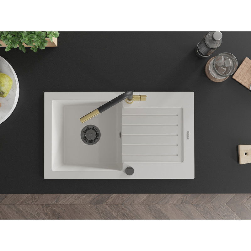 Mexen Pablo žulový drez s 1 komorou a odkvapkávačom a kuchynskou batériou Flora, biely - 6510-20-670401-57-B