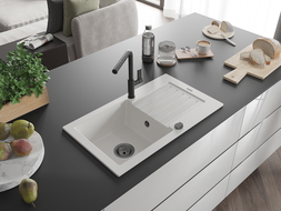 Mexen Pablo žulový kuchynský drez 1-komorový s odkvapkávačom a kuchynskou batériou Flora, biely - 6510-20-670401-70-B