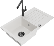 Mexen Pablo žulový kuchynský drez 1-komorový s odkvapkávačom a kuchynskou batériou Flora, biely - 6510-20-670401-70-B