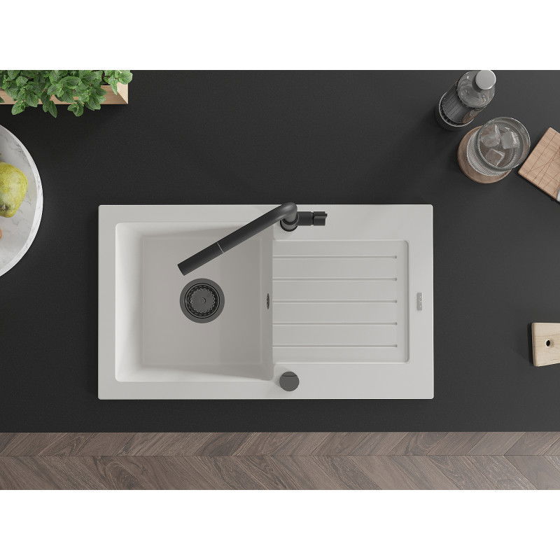 Mexen Pablo žulový kuchynský drez 1-komorový s odkvapkávačom a kuchynskou batériou Flora, biely - 6510-20-670401-70-B