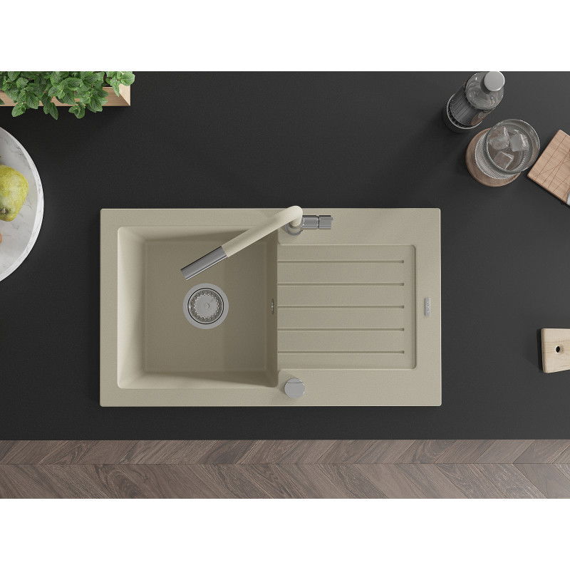 Mexen Pablo žulový jednokomorový drez s odkvapkávačom a kuchynskou batériou Flora, béžový - 6510-69-670401-09