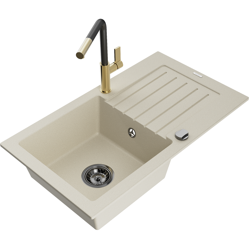Mexen Pablo granitový kuchynský drez s 1 komorou a odkvapkávačom a kuchynskou batériou Flora, béžový - 6510-69-670401-57-B