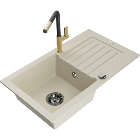 Mexen Pablo granitový kuchynský drez s 1 komorou a odkvapkávačom a kuchynskou batériou Flora, béžový - 6510-69-670401-57-B