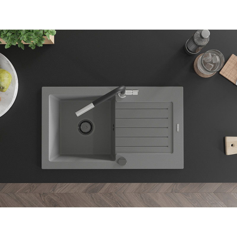 Mexen Pablo granitový drez s 1 komorou, odkvapkávačom a kuchynskou batériou Flora, sivý - 6510-71-670401-07-B