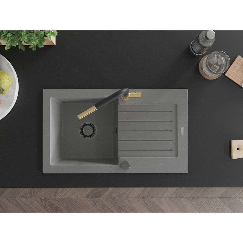 Mexen Pablo granitový drez 1-komorový s odkvapkávacou plochou a kuchynskou batériou Flora, šedý - 6510-71-670401-57-B