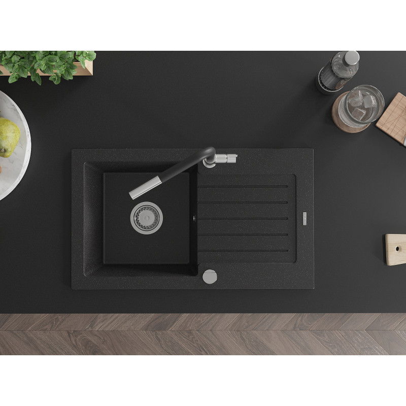 Mexen Pablo žulový drez s jednou komorou, odkvapkávacou plochou a kuchynskou batériou Flora, čierny/sivý metalik