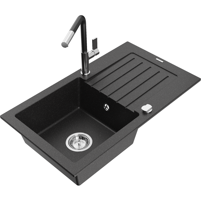 Mexen Pablo žulový drez s jednou komorou, odkvapkávacou plochou a kuchynskou batériou Flora, čierny/sivý metalik