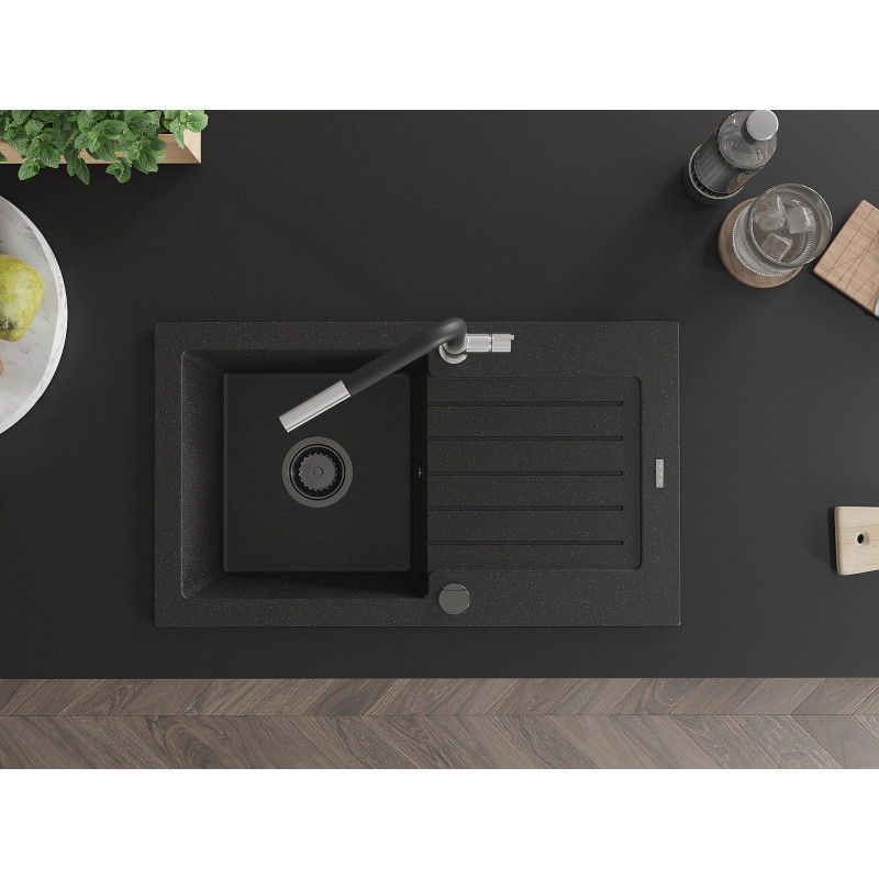 Mexen Pablo granitový drez s 1 komorou, odkvapkávačom a kuchynskou batériou Flora, čierny/strieborný metalik