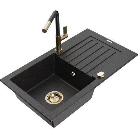 Mexen Pablo granitový drez s 1 komorou, odkvapkávačom a kuchynskou batériou Flora, čierny/strieborný metalik