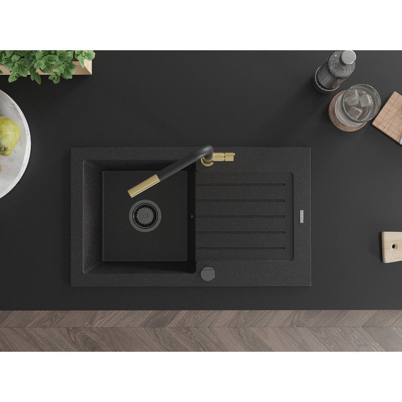 Mexen Pablo granitový jednokomorový kuchynský drez s odkvapkávačom a kuchynskou batériou Flora, čierny/strieborný