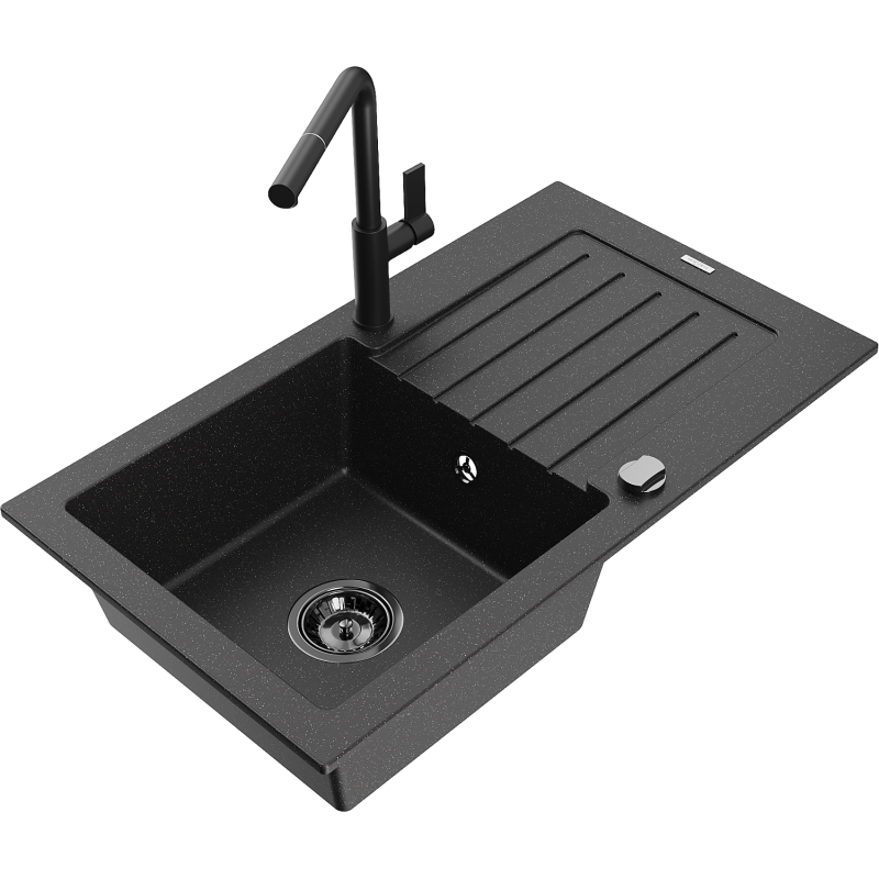 Mexen Pablo granitový drez s 1 komorou s odkvapkávací plochou a kuchynskou batériou Flora, čierny/strieborný metalik