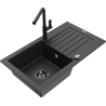 Mexen Pablo granitový drez s 1 komorou s odkvapkávací plochou a kuchynskou batériou Flora, čierny/strieborný metalik