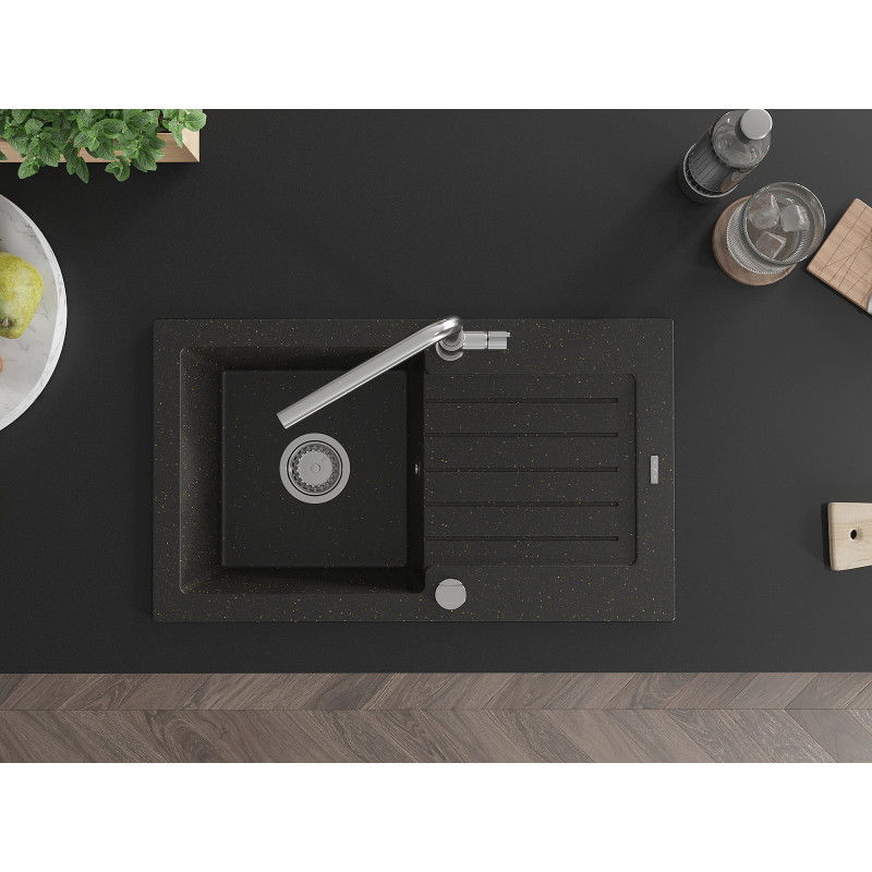 Mexen Pablo granitový drez s 1-komorou a odkvapkávacou doskou a kuchynskou batériou Flora, čierny/zlatý metalický