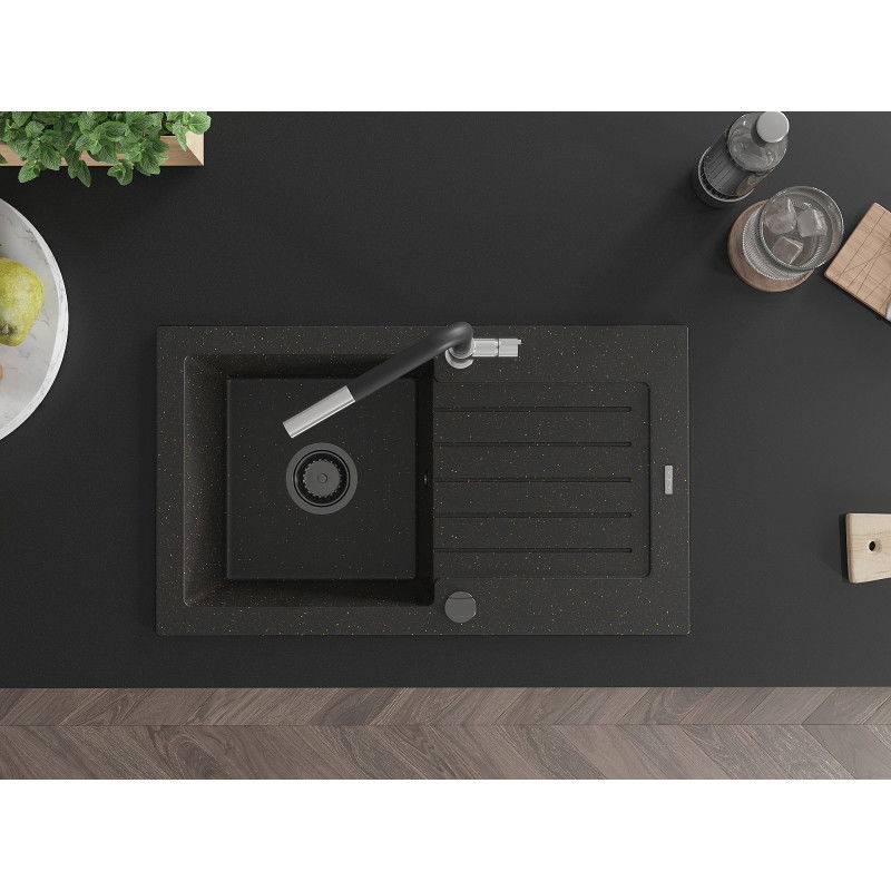 Mexen Pablo žulový drez s 1 komorou s odkvapom a kuchynskou batériou Flora, čierny/zlatý metalik - 6510-75-670401-07-B