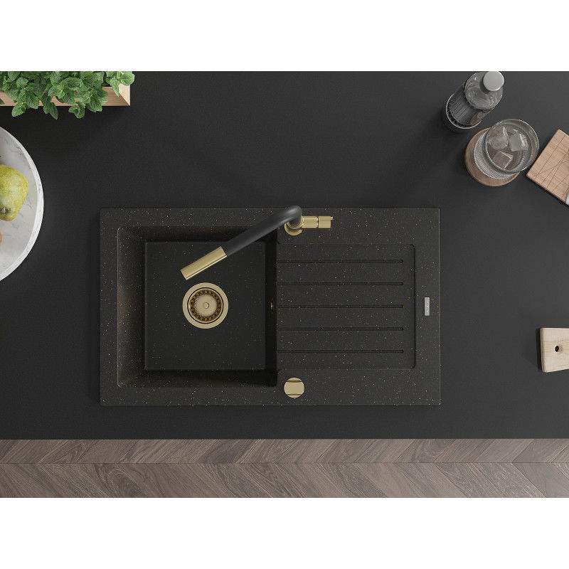 Mexen Pablo žulový drez 1-komorový s odkvapkávačom a kuchynskou batériou Flora, čierny/zlatý metalik - 6510-75-670401-57-G