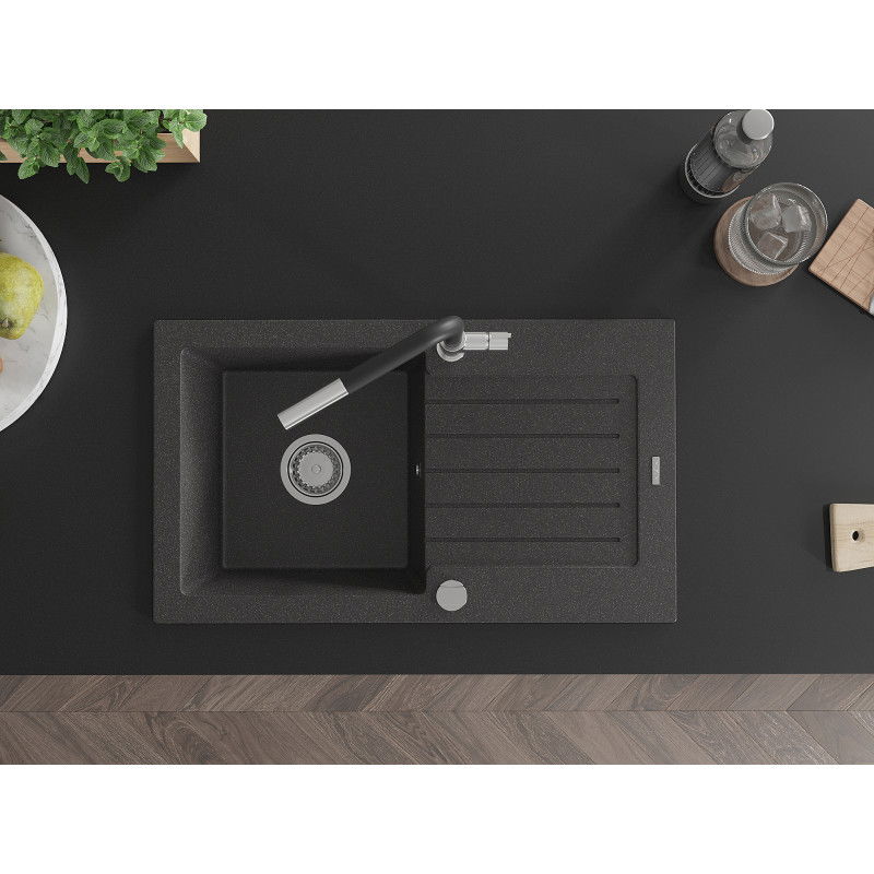 Mexen Pablo granitový drez s 1 komorou s odkvapkávačom a kuchynskou batériou Flora, čierny bodkovaný - 6510-76-670401-07