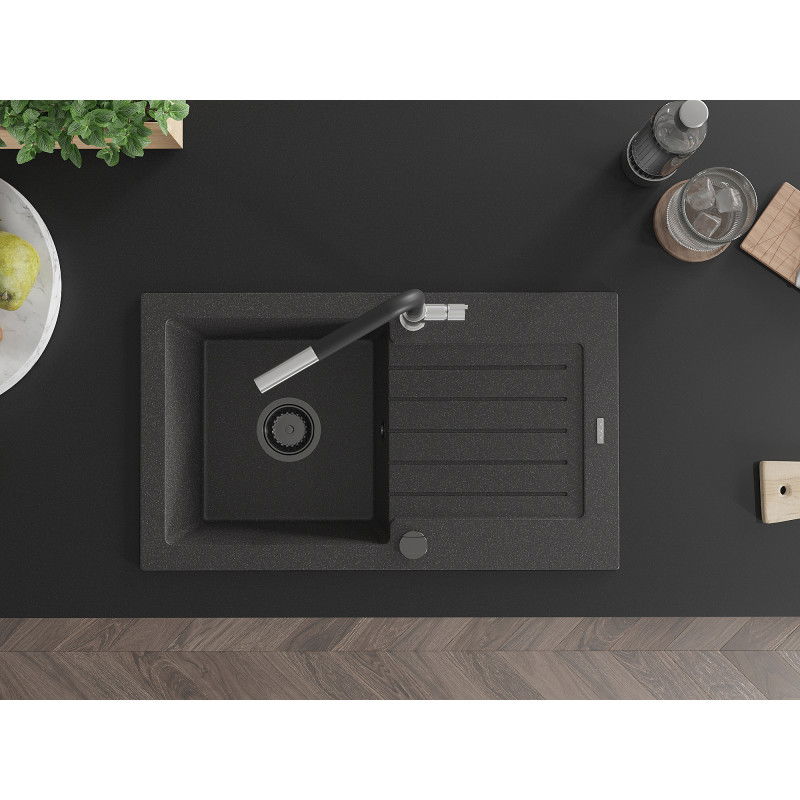 Mexen Pablo granitový kuchynský drez s odkvapkávačom a batériou Flora, čierny so škvrnami - 6510-76-670401-07-B