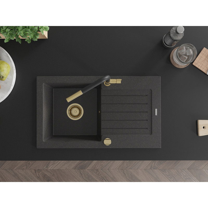 Mexen Pablo jednokomorový žulový drez s odkvapkávačom a kuchynskou batériou Flora, čierny bodkovaný - 6510-76-670401-57-G