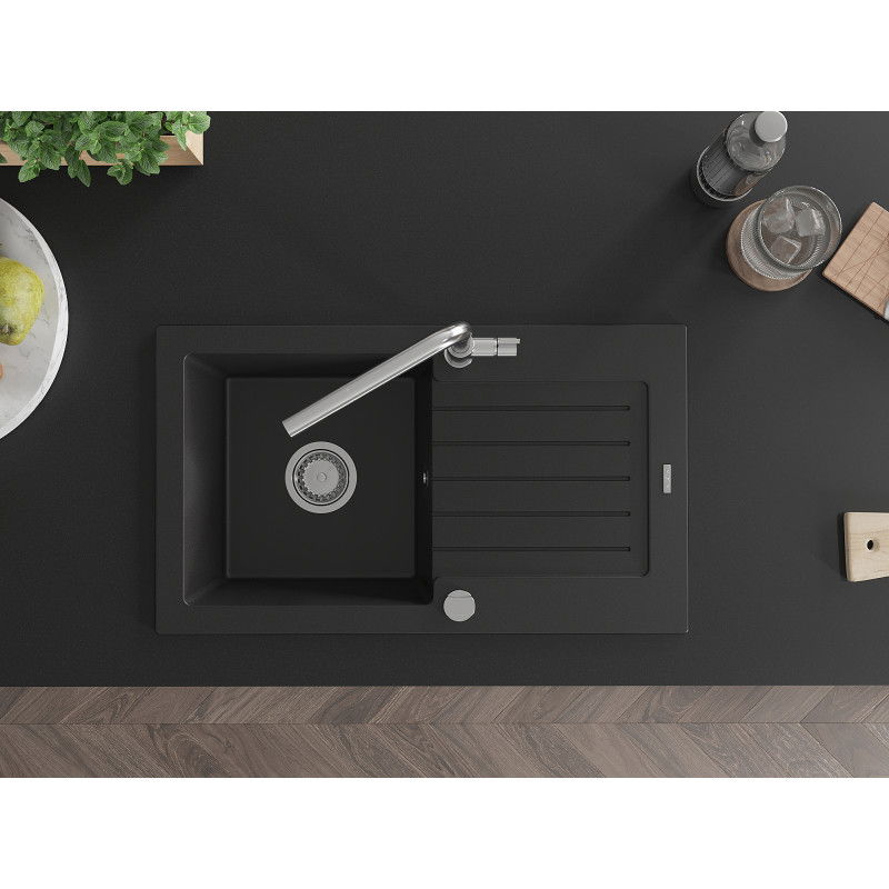 Mexen Pablo žulový drez s 1 komorou, odkvapkávacou plochou a kuchynskou batériou Flora, čierny - 6510-77-670401-00