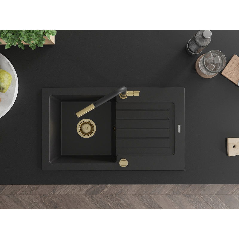 Mexen Pablo žulový drezy s 1-komorou s odkvapkávačom a kuchynskou batériou Flora, čierny - 6510-77-670401-57-G