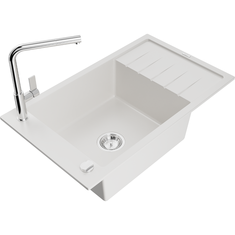 Mexen Elias 1-komorový žulový drez s odkvapkávačom a kuchynskou batériou Flora, biely - 6511-20-670401-00